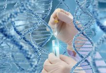 Hands with pipette and test tube surrounded by DNA strands