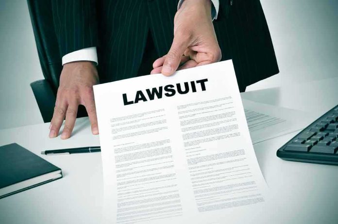 Person holding a document titled LAWSUIT in office