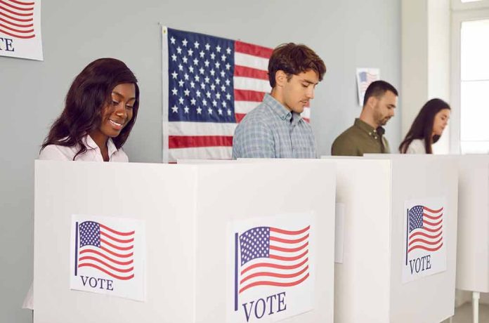 2360884499 featured image People voting in booths with American flag backdrop