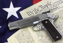 Gun on US Constitution and flag