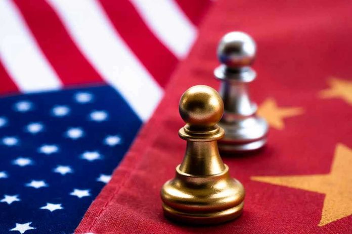 Chess pawns on USA and China flags