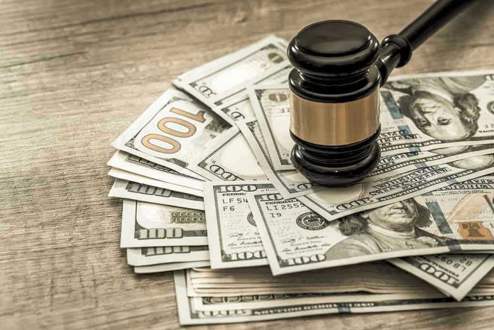 647031994 Gavel on a pile of hundred-dollar bills
