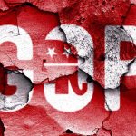 Cracked wall featuring the GOP logo in red and white