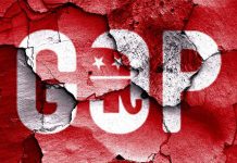 Cracked wall featuring the GOP logo in red and white