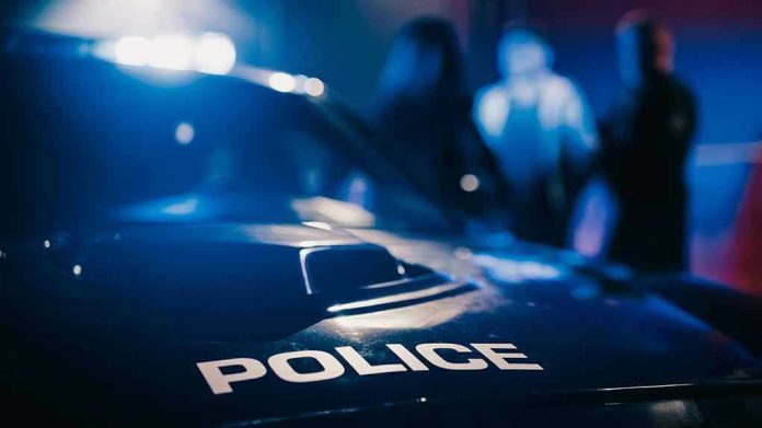 2232056701 Police car with blurred figures in the background.