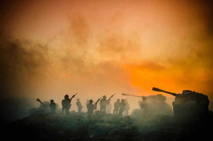 686756764 Soldiers and tanks in the foggy battlefield.