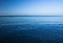 A calm ocean under a clear blue sky