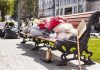 Person sleeping on park bench with cardboard sign.
