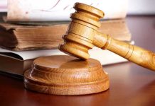 A wooden gavel resting on a circular base with law books in the background