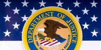 Epstein File Mystery: What’s the DOJ Hiding? Department of Justice seal on American flag background.