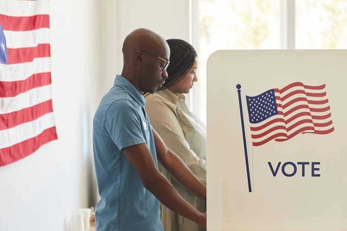 People voting at polling booths with American flag.