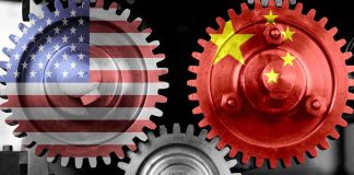 Washington’s Covert War: Clancy Doctrine in Action Interlocking gears with USA and China flags.