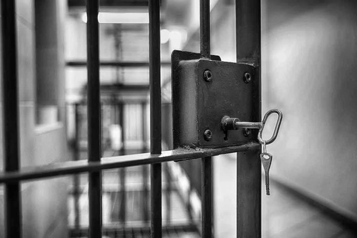 Jail cell door with key in lock.