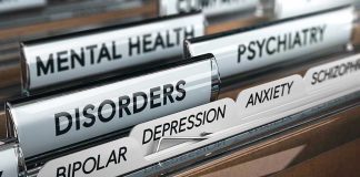 File folders labeled with mental health disorders and psychiatry.