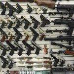Wall display with handguns and rifles for sale.
