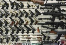 Wall display with handguns and rifles for sale.
