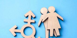 North Carolina’s SHOCKING Gender Law Uproar Wooden transgender symbol and couple figures on blue background.