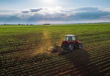 Farmers’ $12 Billion Lifeline—Farmers Rejoice Tractor plowing a vast green field at sunset.