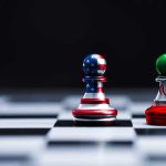 Satellite Photo Erases Supreme Leader Palace Chess pieces with USA and Iran flags on board.