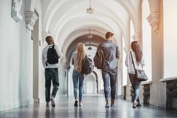 685407808 Four students walking in a corridor together.