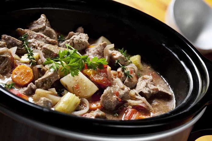 shutterstock_51452356.jpg A hearty beef stew with vegetables in a slow cooker