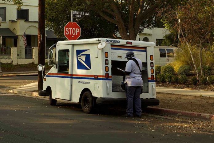 1862757586 USPS mail carrier at truck near stop sign.