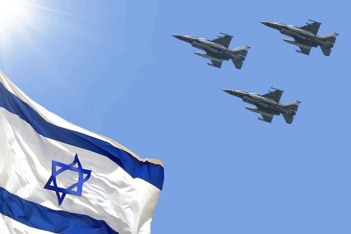 1965607009 Israeli flag with three fighter jets in flight.