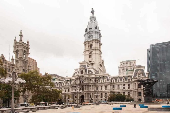 Philadelphia City Hall with a cloudy sky in the background