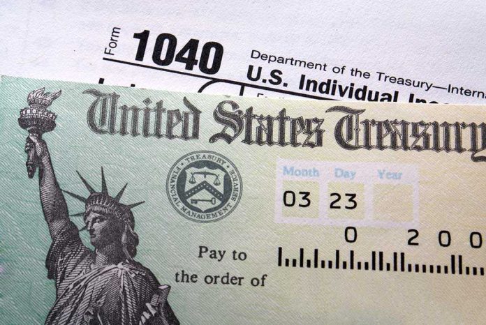Close-up of a U.S. Treasury check and tax form 1040