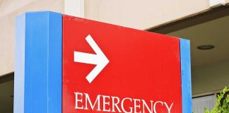 Terror Strikes: Knife Attack in Train Station! Emergency sign with an arrow pointing right
