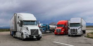Foreign Truckers Purged — Veterans Step In Semi trucks parked at a rest area under cloudy sky