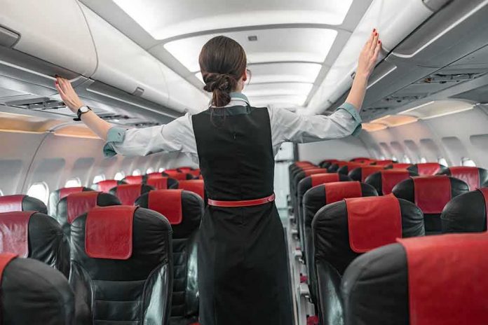shutterstock_1486500740 Flight attendant checks overhead bins in empty airplane cabin
