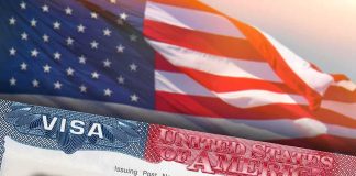 US visa document with American flag in background