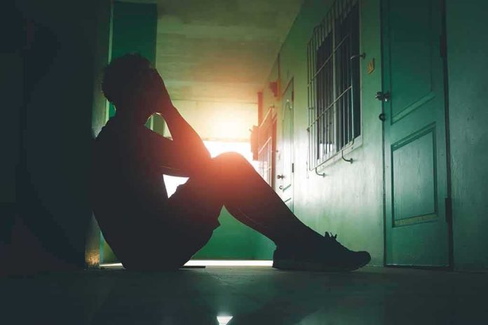 shutterstock_2230435805 Person sitting on hallway floor with head in hands at sunset