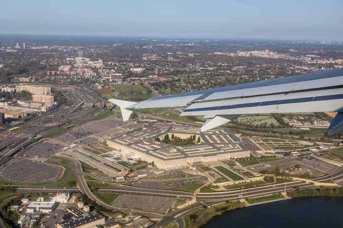 airplane wing over a sprawling government complex