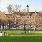 Students relaxing on a campus quad in front of a brick academic building
