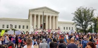 David Givens at a large protest outside a neoclassical courthouse