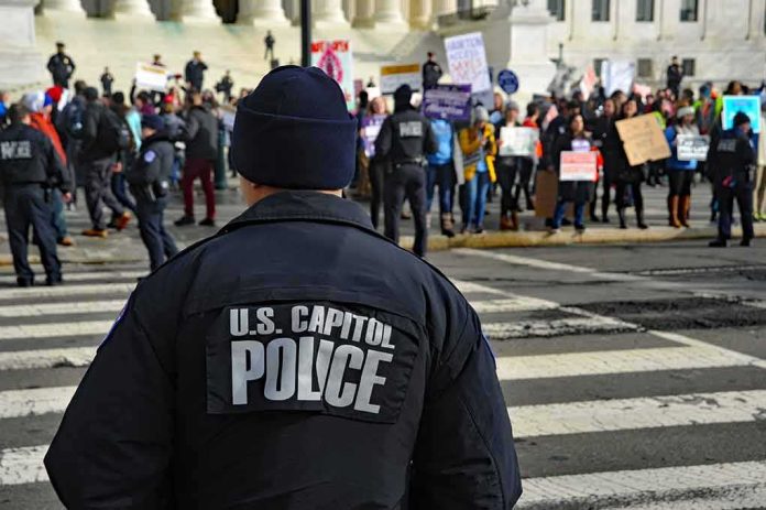 Police officer monitoring a protest on a city street