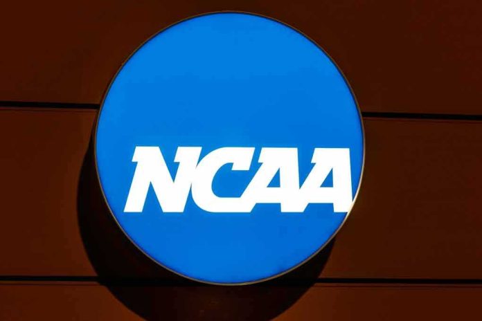shutterstock_1419645980 NCAA logo on a blue circular sign