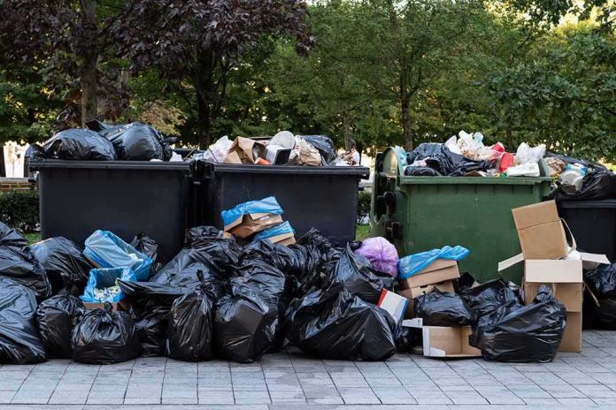 shutterstock_1509489287 Overflowing dumpsters with piles of trash bags and cardboard