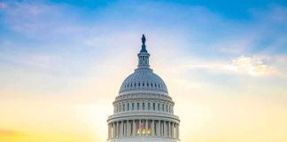United States Capitol building at sunset