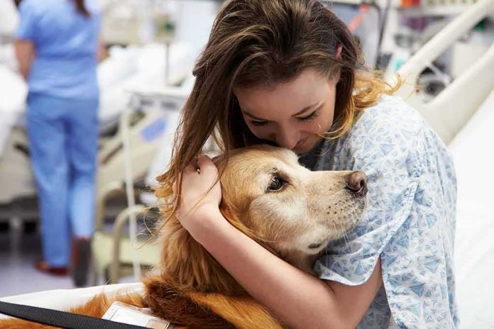 Patient in hospital gown hugging a golden retriever