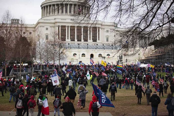 shutterstock_1888591786 Crowd gathered outside a large domed government building