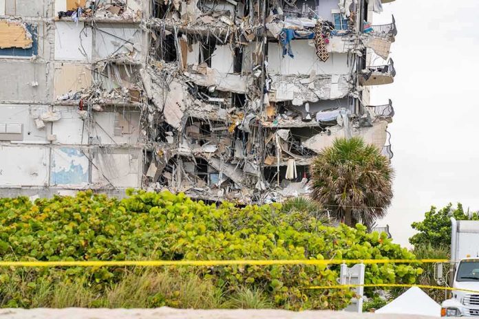 shutterstock_1996561034 Partially collapsed apartment building with exposed interiors