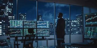 Trader in a dark office with multiple stock monitors and city skyline at night