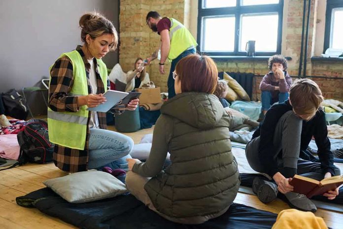 shutterstock_2154115495 Volunteers assist people resting on mats in a temporary shelter