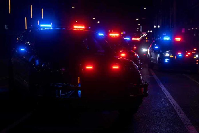 shutterstock_2304512557 Police vehicles with flashing red and blue lights at night