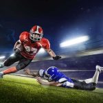 American football running back evades a tackle at night