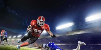 American football running back evades a tackle at night