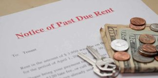 Past due rent notice with cash, coins, and house keys